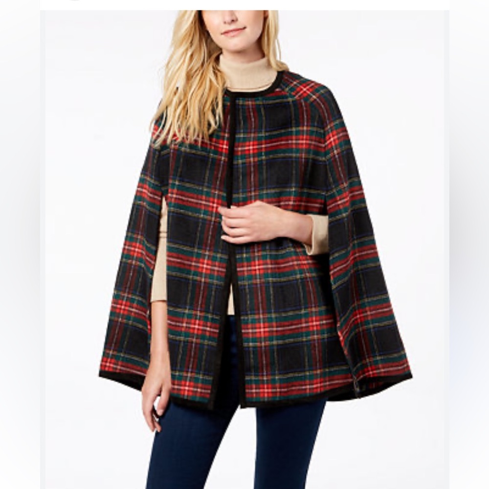 VTG Tartan Plaid Cape Coat navy/green/orange lined button snap closure-Sz M-EUC😍
